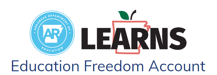 Arkansas Department of Education logo next to the word LEARNS with an outline of Arkansas and a green leaf, above the text Education Freedom Account.